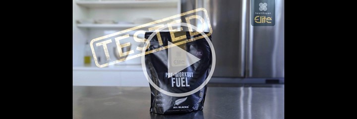 Healthspan Elite All Blacks Pre-Workout Fuel packet on a kitchen counter
