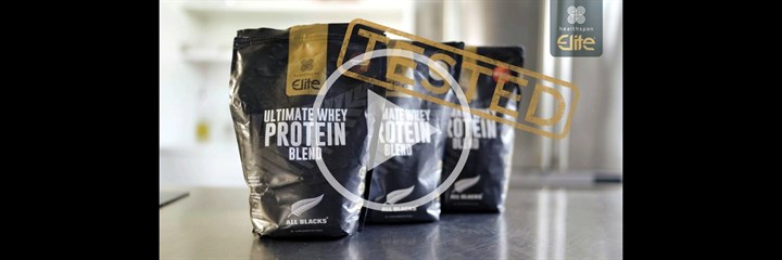 Healthspan Elite Ultimate Whey and Plant Protein Blend packets on kitchen counter