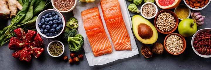 Salmon, vegetables and fruit